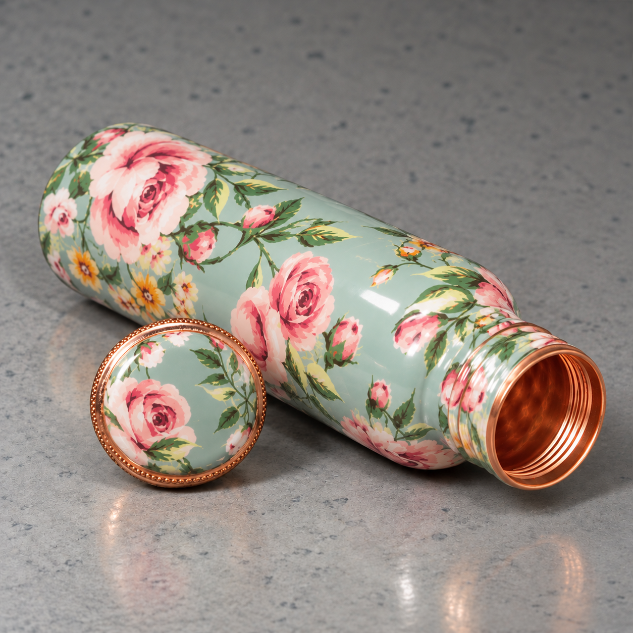 Floral Mint Rose Gold Copper Water Bottle - Image 4