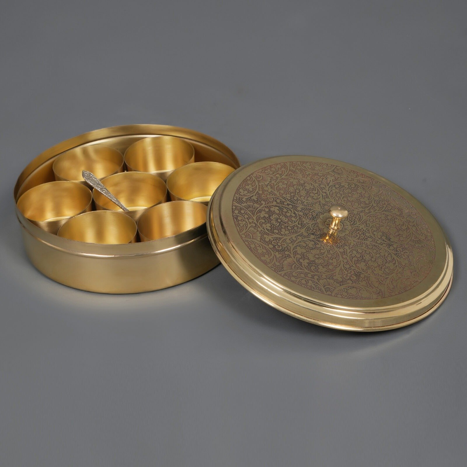 Hand Crafted Engraved Brass Spice box ( Masala Daani ) 2