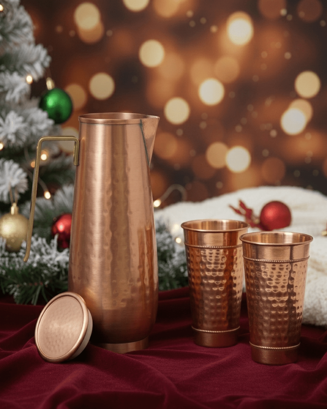 Ayurvedic Wellness Combo (Copper Pitcher With Wooden Lid + 2 Classic Tumblers)