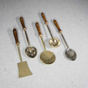 Wooden Handle Brass Spoon & Turner Set